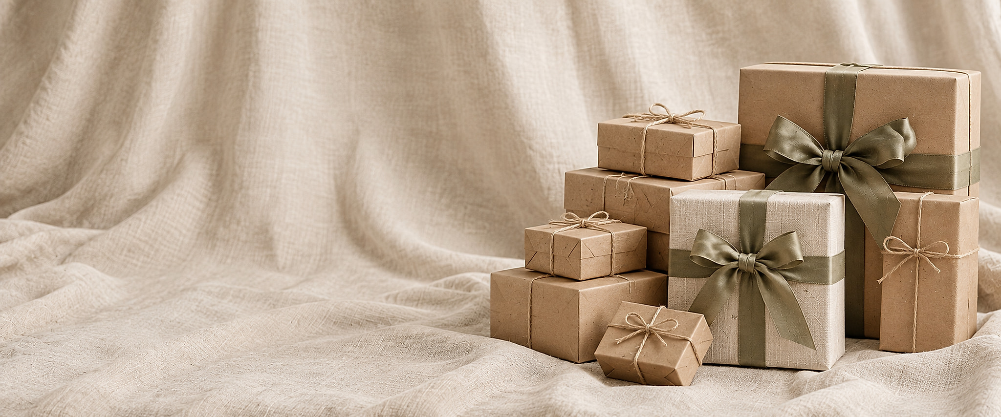 A group of kraft paper gift boxes on draped linen, tied with twine and wide sage-green ribbon bows
